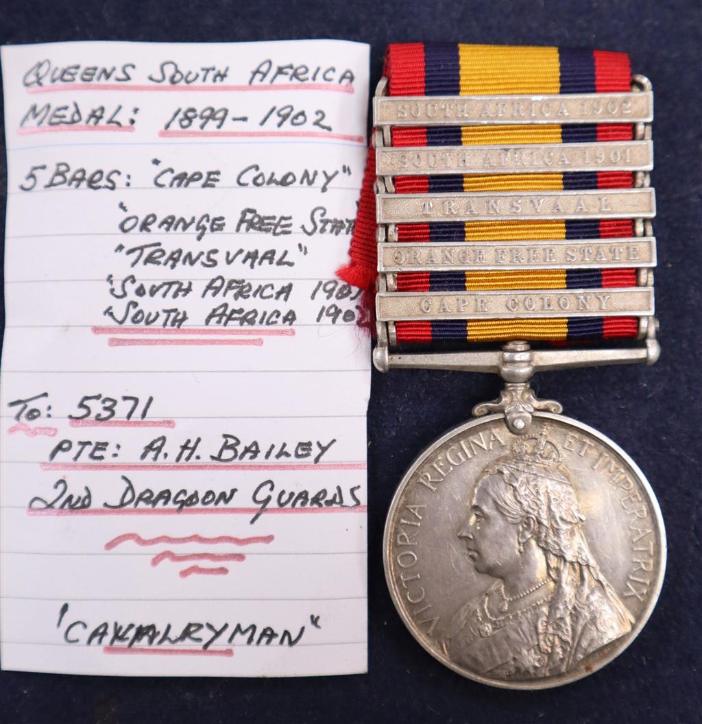 A Queens South Africa medal with five clasps to Pte A.H.Bailey 2nd Dragoons Guards